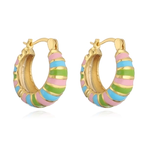 Rainbow enamel hoop earrings in gold finish with colorful pastel striped pattern