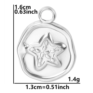Macro shot showing dimensions 1.6x1.3cm of a stainless steel starfish pendant charm