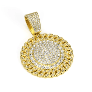 Macro detail of gold plated iced out round pendant with cubic zirconia on white background
