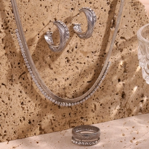Silver stainless steel jewelry set with herringbone patterns and zircon stone accents
