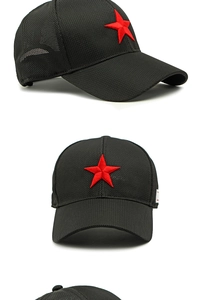 Detailed macro view of black mesh baseball cap featuring 3D red star embroidery