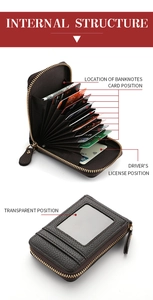 Detail view of the accordion leather card holder showing multiple card slots and ID window