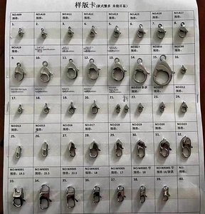 Detailed size chart for various stainless steel lobster clasps and DIY jewelry connectors