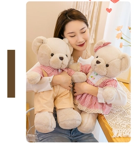 Close-up of cute teddy bear couple in pink checkered outfits being held by a model
