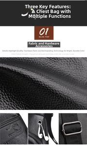Detailed views of black pebbled leather chest bag featuring silver hardware and earphone port