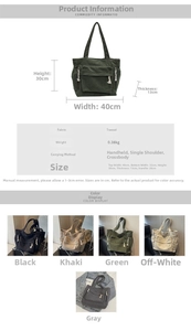 Tableau des tailles et options de couleurs pour grand sac cabas en velours côtelé