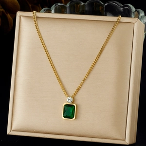 Stainless Steel Gold Plated Necklace With Square Emerald Green Gemstone And Zircon Pendant Geometric Elegant For Women