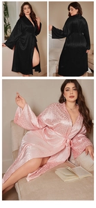 Detail of satin leopard print robes showing glossy texture and waist tie design