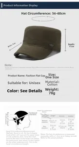 Size chart showing flat top cap dimensions 56-60cm with detailed head circumference guide