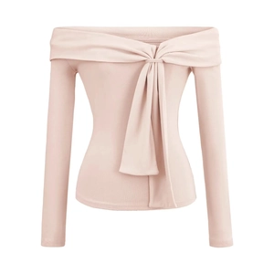 Pink off-the-shoulder long sleeve top with a large decorative bow and slim fit design