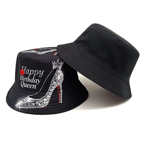 Black bucket hat set with Happy Birthday Queen design and crown high heels graphics