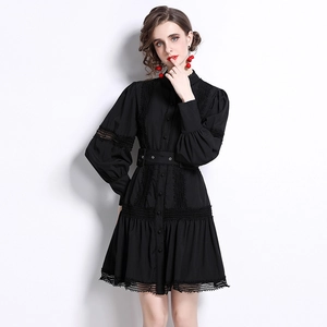 Elegant black long sleeve dress with lace splicing, button-up waist, and lantern sleeves