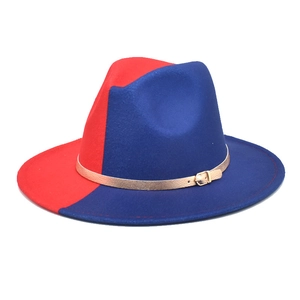 Two-tone wool fedora hat in red and dark blue with a slim gold decorative buckle band