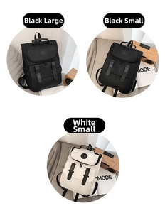 Detailed comparison of black and white waterproof nylon backpacks in small and large sizes
