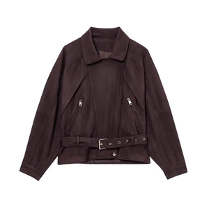 Veste De Motard En Daim Pour Femmes Manteau Moto Court Avec Ceinture Fermeture Éclair Col À Revers Style Rétro Vintage