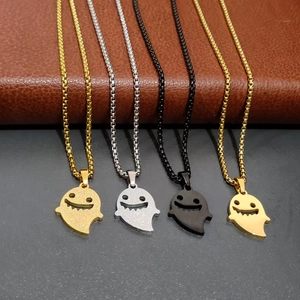 Cute Ghost Pendant Necklace Stainless Steel Spirit Smile Face Halloween Party Jewelry For Women Men Cartoon Style