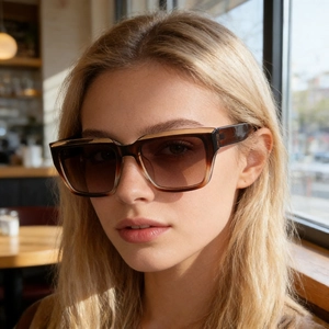Close-up of polarized square sunglasses with brown gradient lenses and translucent frame