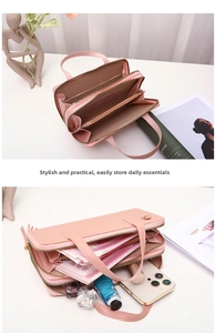 Pink PU leather wallet with three zipper layers showing phone and cosmetic storage