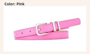 Detailed view of pink leather skinny belt with silver buckle and fine stitching