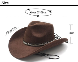Size guide for dark brown felt cowboy hat with 9cm brim and 57-58cm head circumference