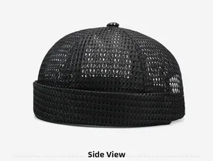 Side view of black mesh docker hat showing breathable woven grid texture and round crown