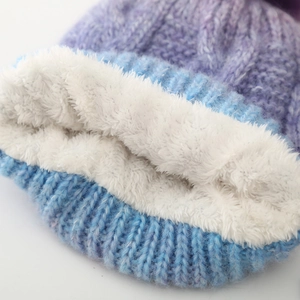 Winter gradient knit beanie with thick fleece lining and fluffy pom-pom for warmth