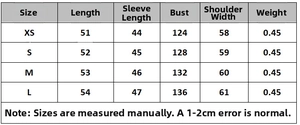 Tableau des tailles détaillé pour veste matelassée imprimée avec mesures de buste