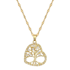 Gold tree of life heart pendant necklace with crystals on polished O-chain for women