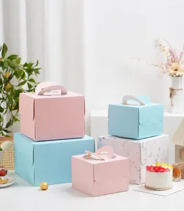 Pink and blue paper cake boxes with transparent windows and convenient handles