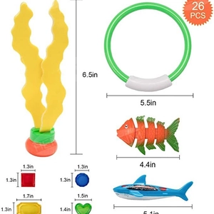 26 piece diving toy set with seaweed rings and shark torpedoes for pool swimming fun