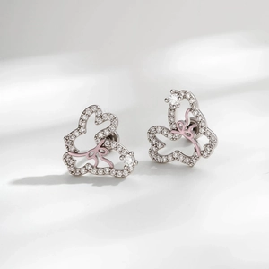 Butterfly Rabbit Cartilage Earring Copper Zircon Pink Enamel Dainty Bowknot Screw Back Stud For Women Sweet Jewelry