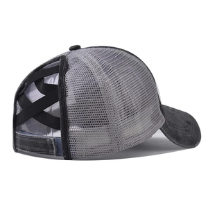 Detail of grey mesh baseball cap featuring elastic cross back for high ponytails