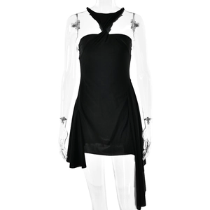 Sleeveless black halter dress with twist front detail and irregular hem for women
