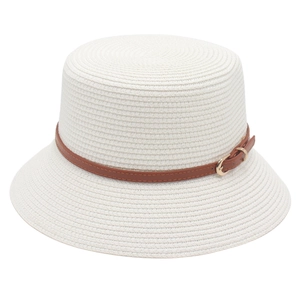 French style white straw sun hat with brown leather belt trim and gold buckle