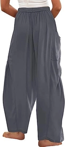 Vue arrière du pantalon sarouel gris en coton lin avec taille élastique décontractée