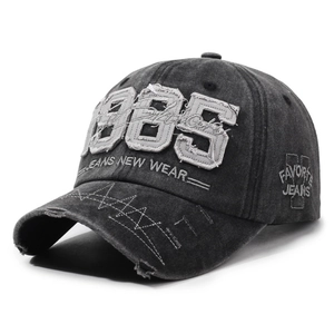 Retro washed charcoal 1985 baseball cap with distressed brim and 3D embroidery detail