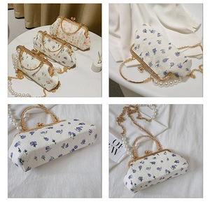 Detailed views of white lace shell bag with floral embroidery and pearl handle