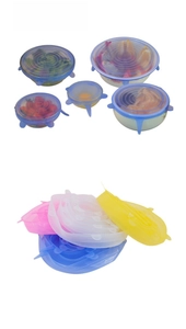 Detail showing various sizes and colors of stretchable silicone food lids for bowls