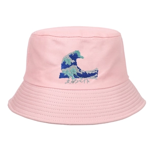 Cappello da pescatore rosa in cotone con ricamo onda e tesa larga per il sole