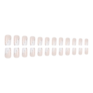 French style nude pink press-on nails with silver glitter and white diagonal lines, 24 pieces
