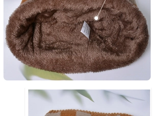 Close-up of thick brown plush lining and woven label on a winter knitted hat set