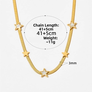 Macro detail of golden snake chain necklace with five star pendants and shell inlay