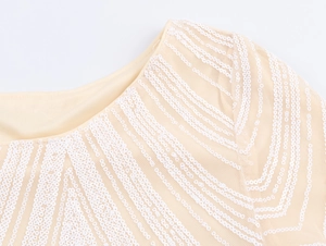 Detailed macro view of sparkling white sequins and champagne mesh on the elegant V-neckline