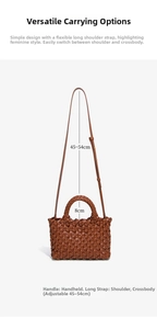 Detail of brown woven tote bag featuring adjustable shoulder strap and dimensions