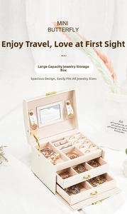 Three-layer jewelry box with compartments for rings and earrings in cream PU leather