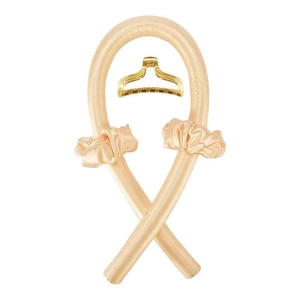 Heatless hair curler set with champagne silk ribbon, two scrunchies and a gold claw clip