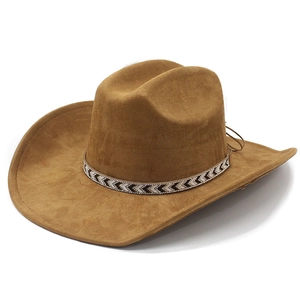 Classic brown suede fedora cowboy hat with chevron patterned band and wide brim