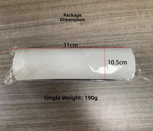 Macro view of white non-slip foam stair tread roll with packaging dimensions and weight