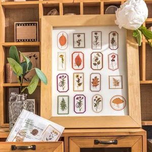 Vintage floral PET stickers set with botanic leaves and retro stamps for DIY journals