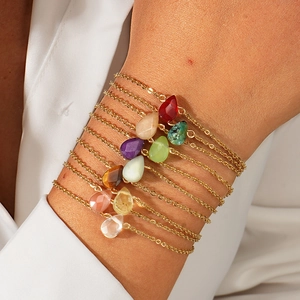 Stackable gold stainless steel bracelets with multi-color teardrop gemstones